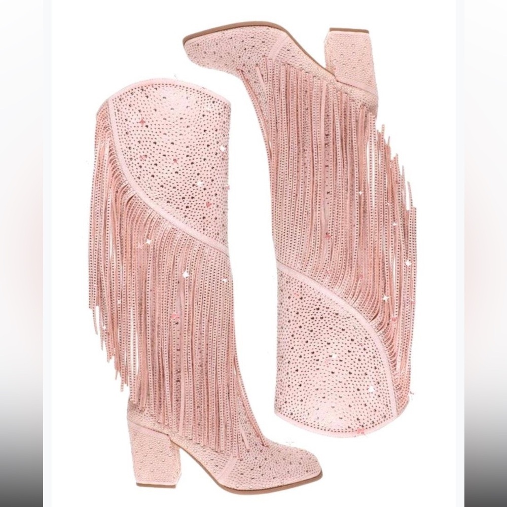 Light Pink Rhinestone Fringe Women's Western Boots